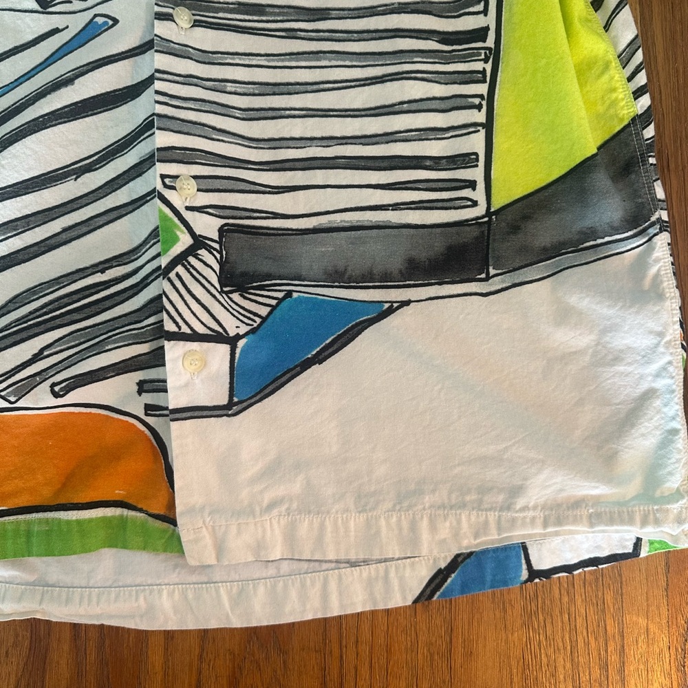 Abstract Cotton Button-Down Shirt - White, Green, Orange & Blue - Picture 3 of 8